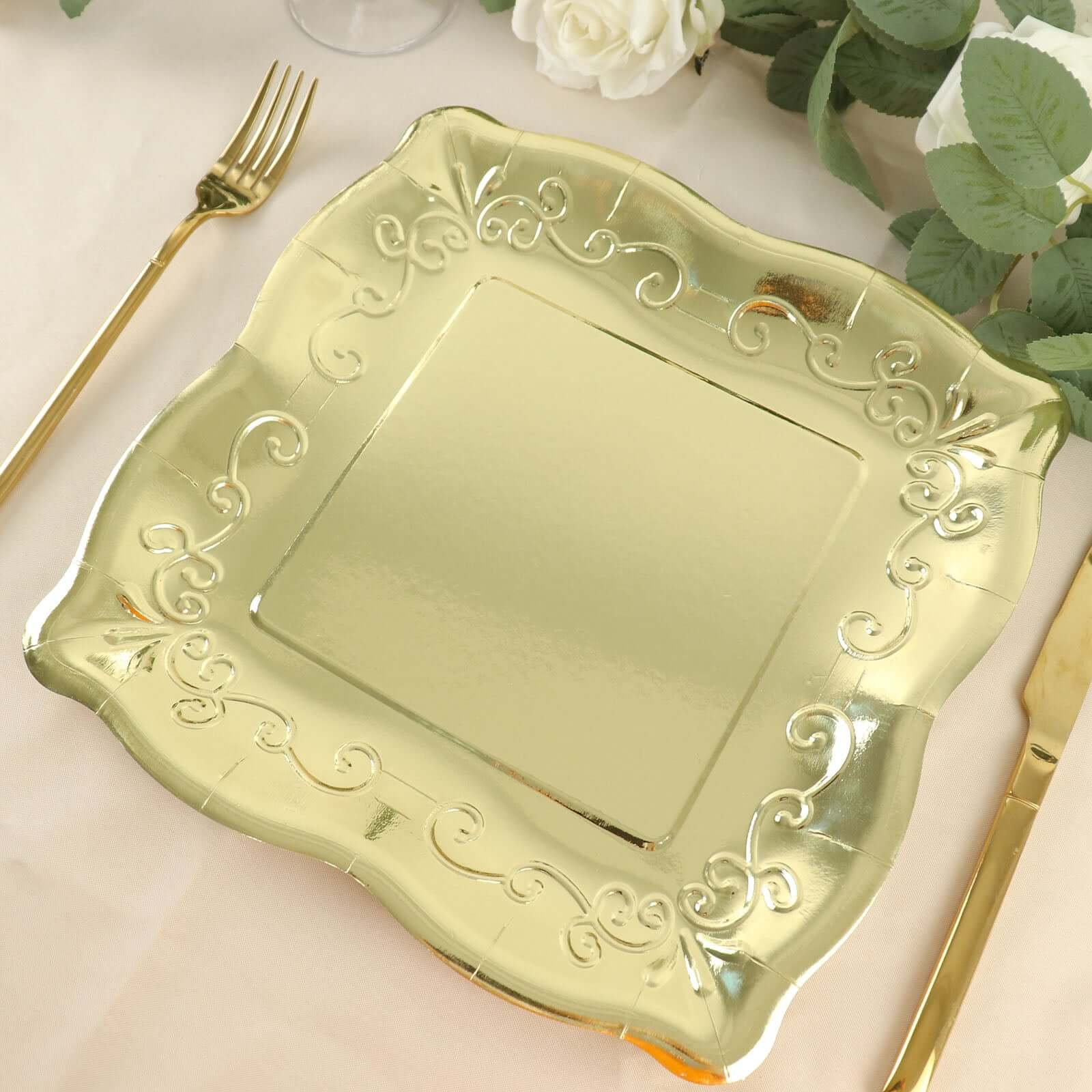 25-Pack Paper 11" Square Dinner Plates in Gold with Vintage Pottery Embossed Design - Shiny Metallic Disposable Serving Plates for Glamorous Dinners & Events
