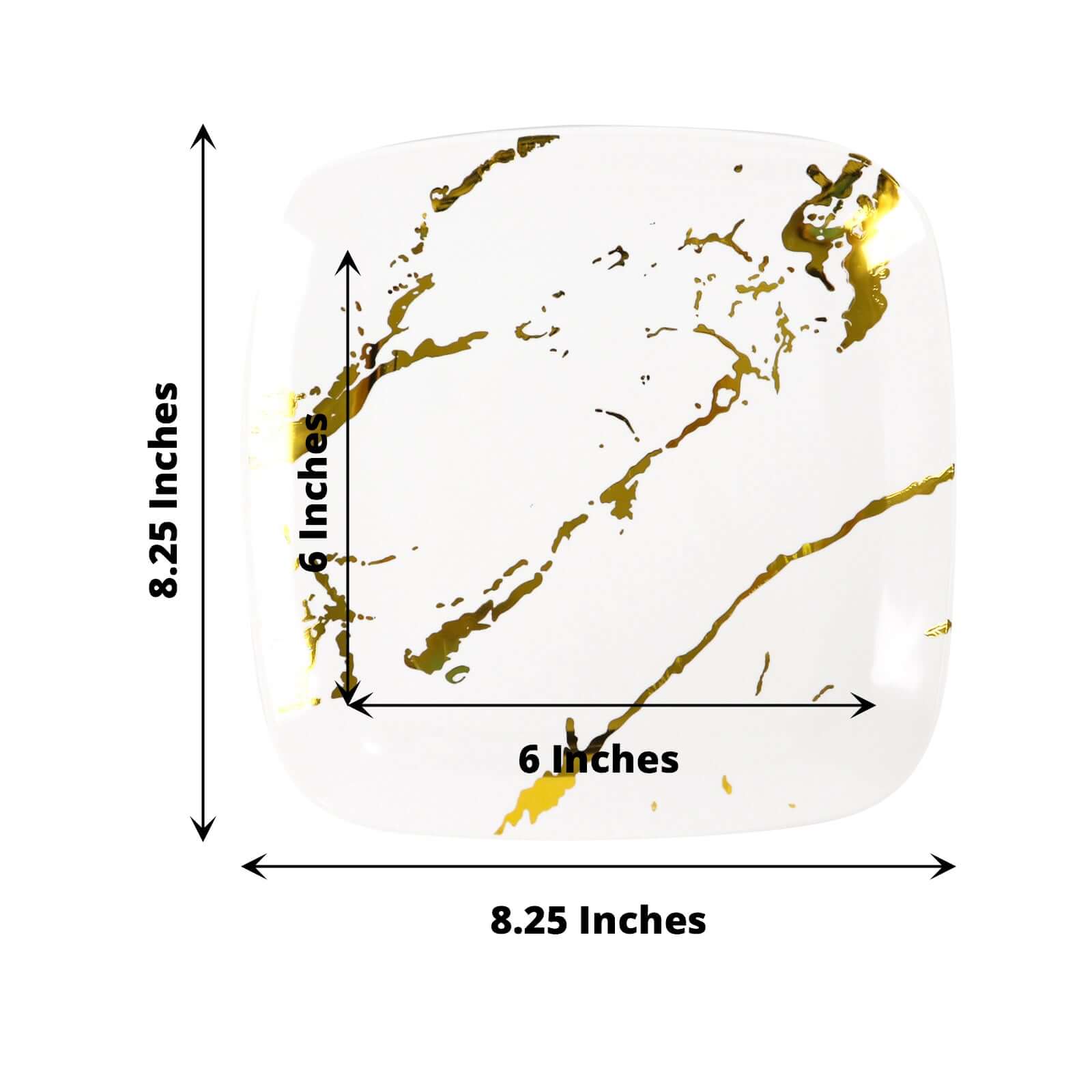10-Pack Plastic 8" Square Dessert Plates in White with Gold Marble Design - Disposable Appetizer Salad Party Plates for Weddings, Banquets & Special Events
