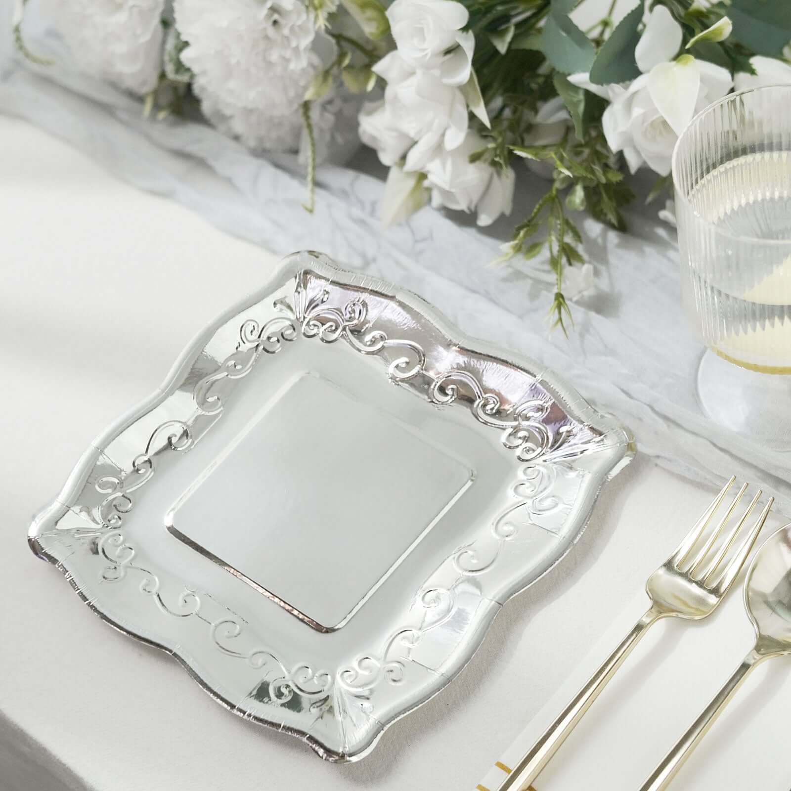 25-Pack Paper 7" Square Dessert Plates in Silver with Vintage Pottery Embossed Design - Shiny Metallic Disposable Appetizer Plates