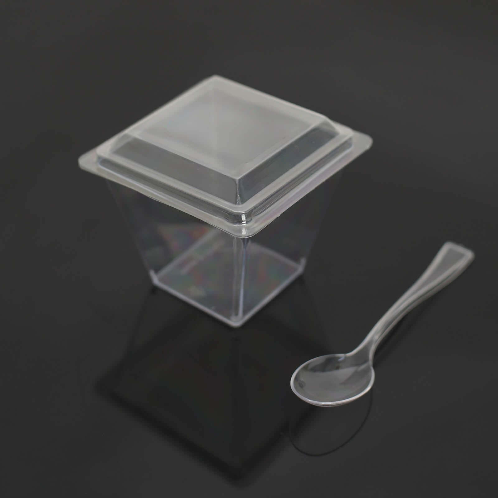 24-Pack Plastic Square Dessert Tumbler Cup Clear - Disposable Snack Serving Cups with Lid and Spoon Set for Parties, Catered Events & Buffets 4oz