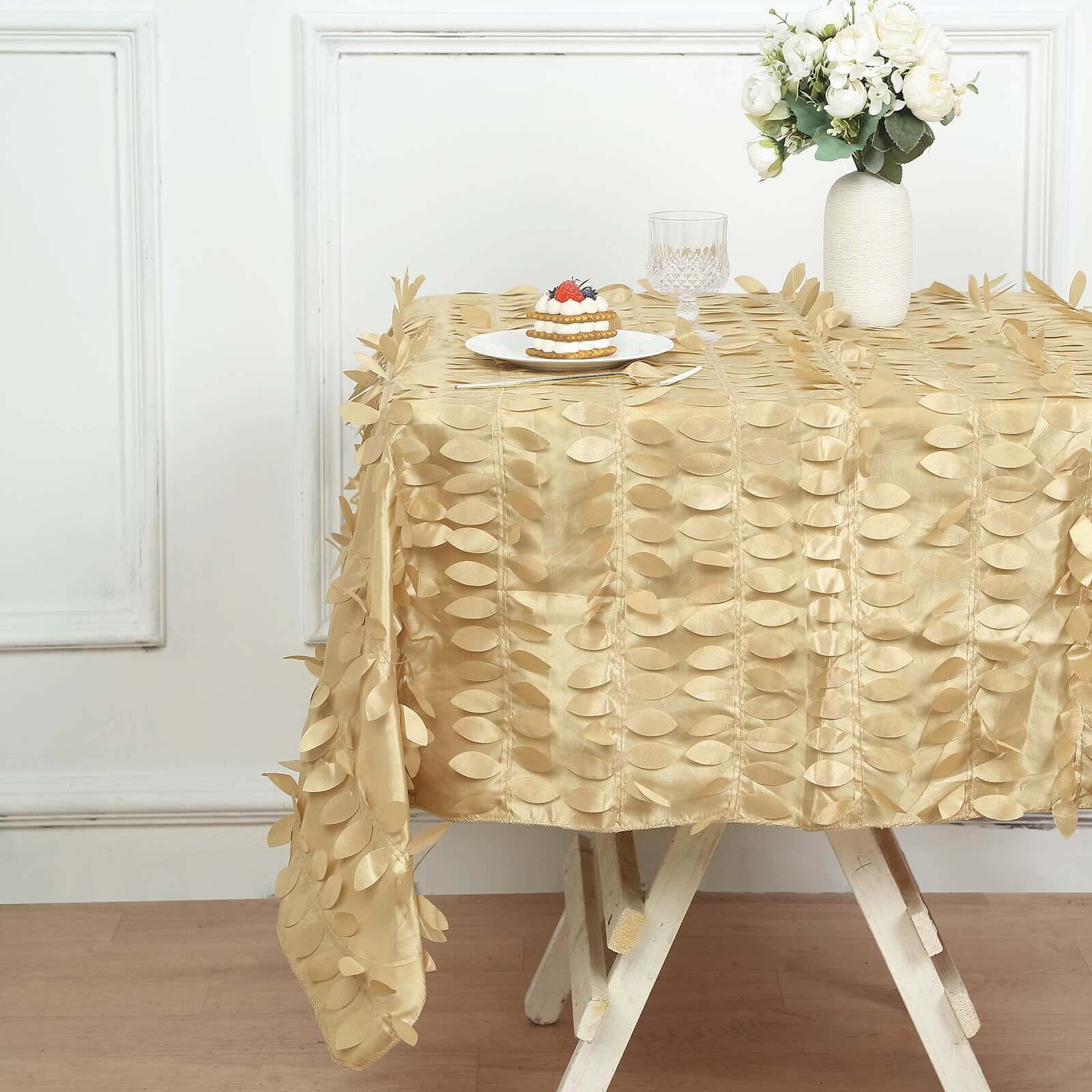 Taffeta 54"x54" Square Tablecloth Champagne 3D Leaf Petal Table Cover