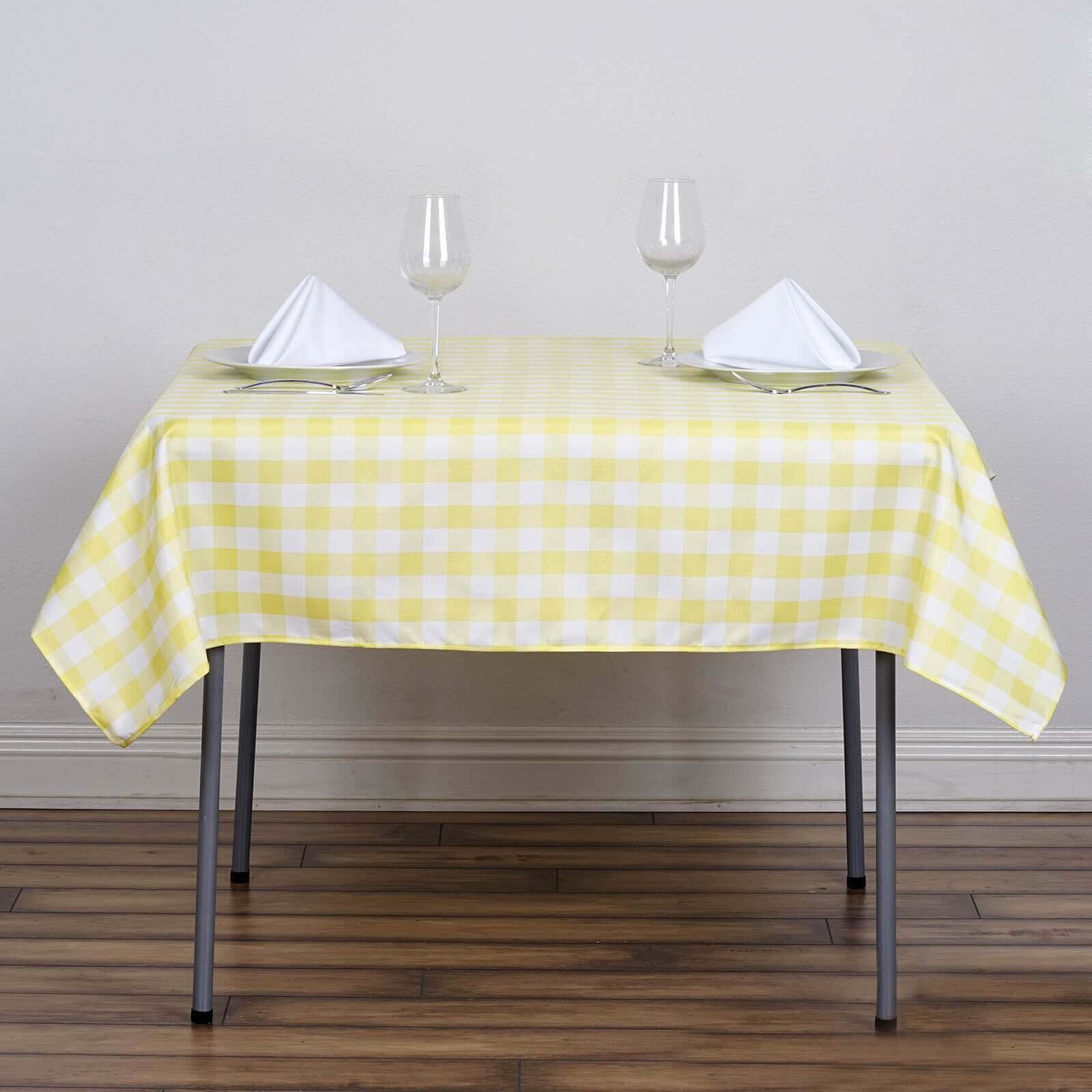 54"x54" White Yellow Seamless Buffalo Plaid Square Table Overlay, Checkered Gingham Polyester Table Overlay