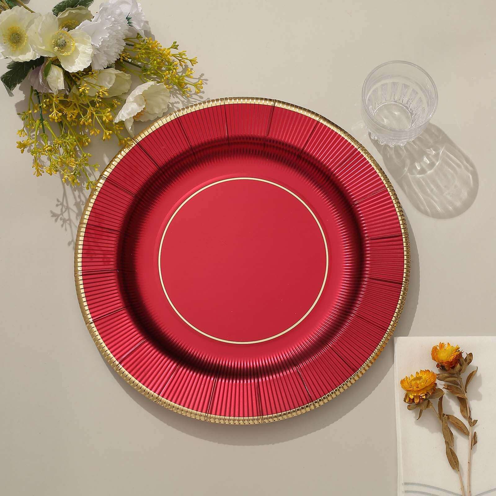 25-Pack Disposable Round Charger Plates in Burgundy Sunray Design with Gold Rim - 350GSM Heavy Duty Paper Chargers 13"