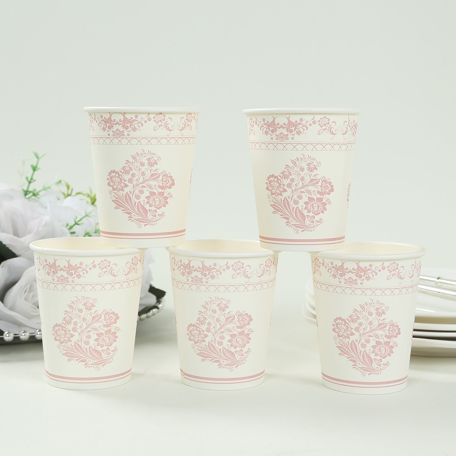 24 Pack Disposable Paper Cups in White Pink French Toile Pattern, Elegant Party Cups - 9oz