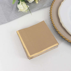 50-Pack Paper Beverage Napkins Natural with Gold Foil Edge - 2 Ply Disposable Soft 18GSM Cocktail Napkins 5"x5"
