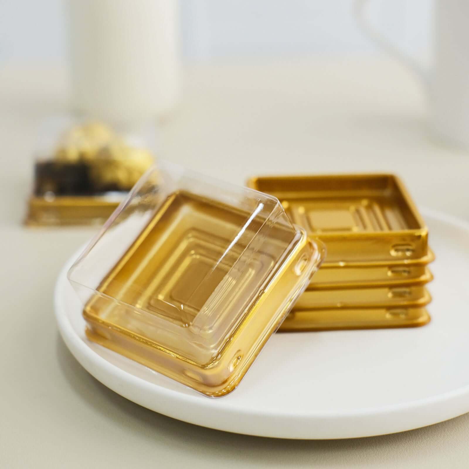 50-Pack Favor Containers Square Design Gold and Clear - Plastic Party Boxes for Cupcakes and Desserts 3"