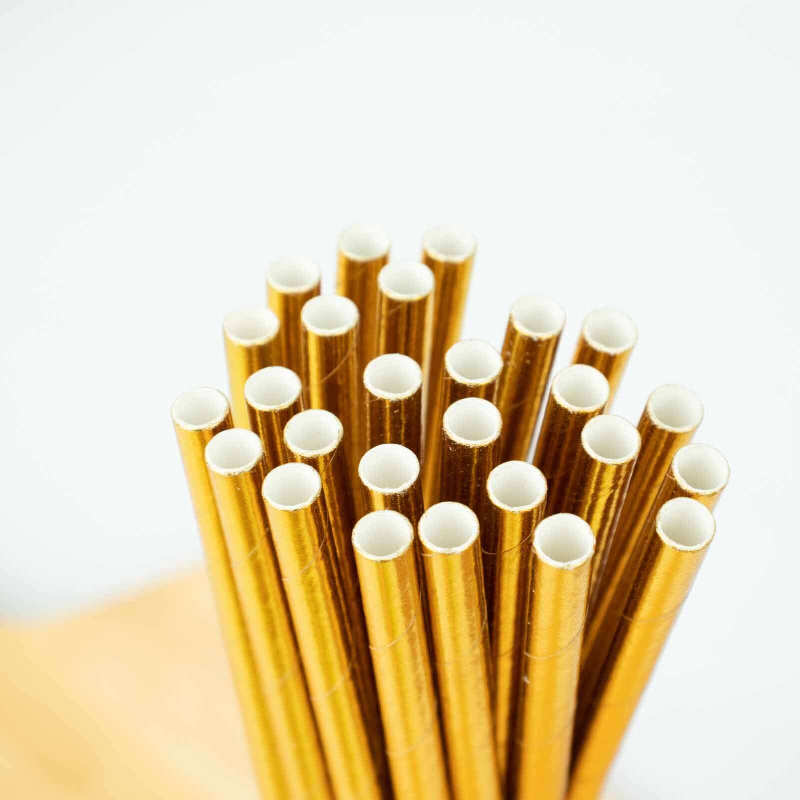 50-Pack Paper Drinking Straws Metallic Gold Foil Food Grade - Disposable Biodegradable Straws for Events 8"