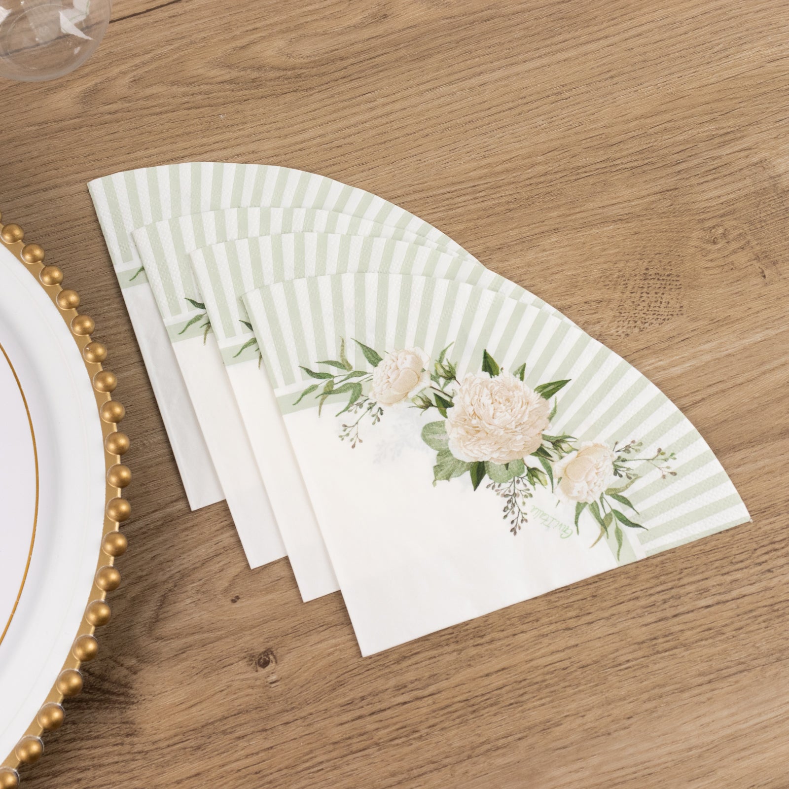25-Pack Round Paper Cocktail Napkins with Floral Lined Pattern White/Sage Green - Disposable 2 Ply Beverage Napkins 12"