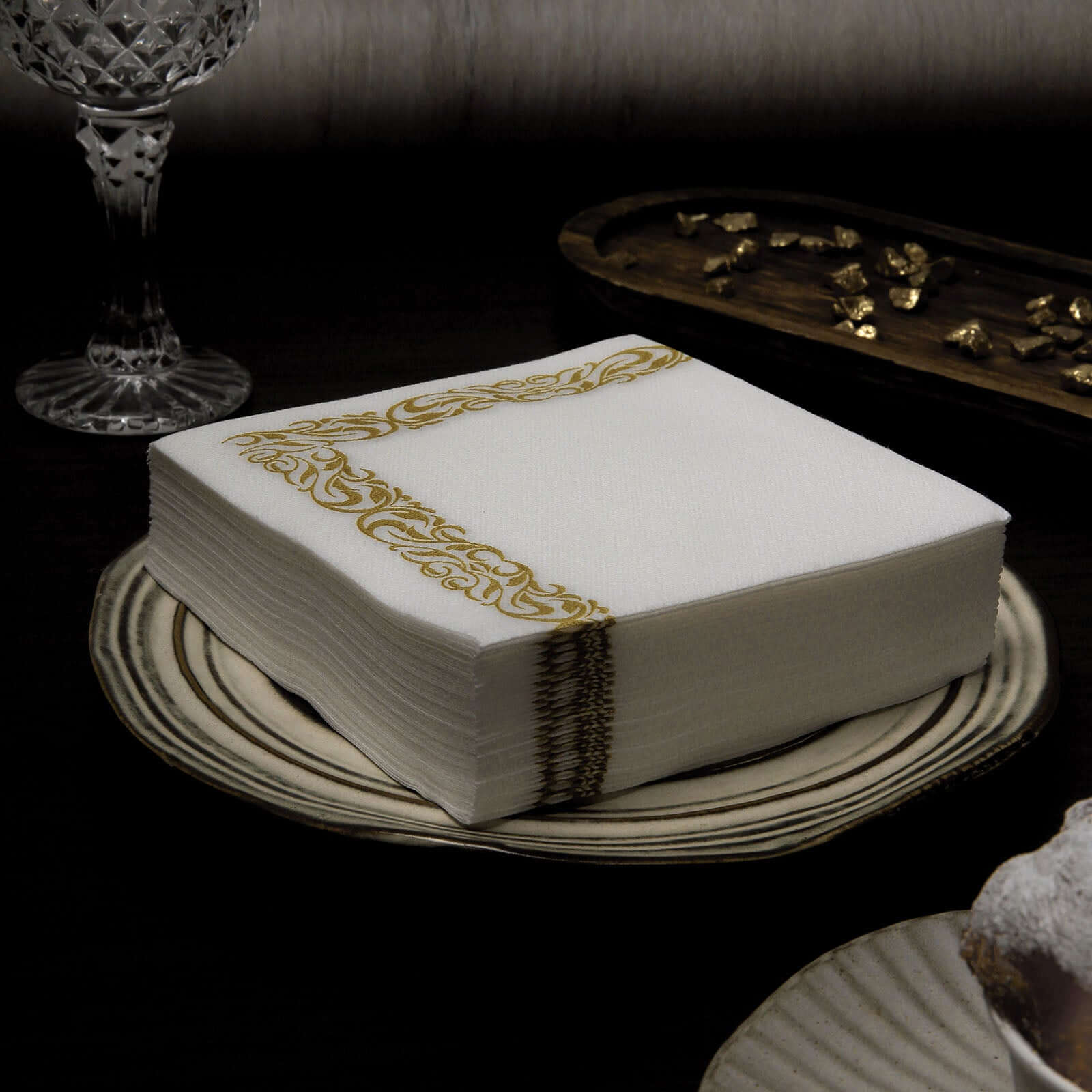 20 Pack Linen-Like Paper 5"x5" Napkins White with Gold Scroll Floral Design - Soft & Absorbent Airlaid Party Napkins