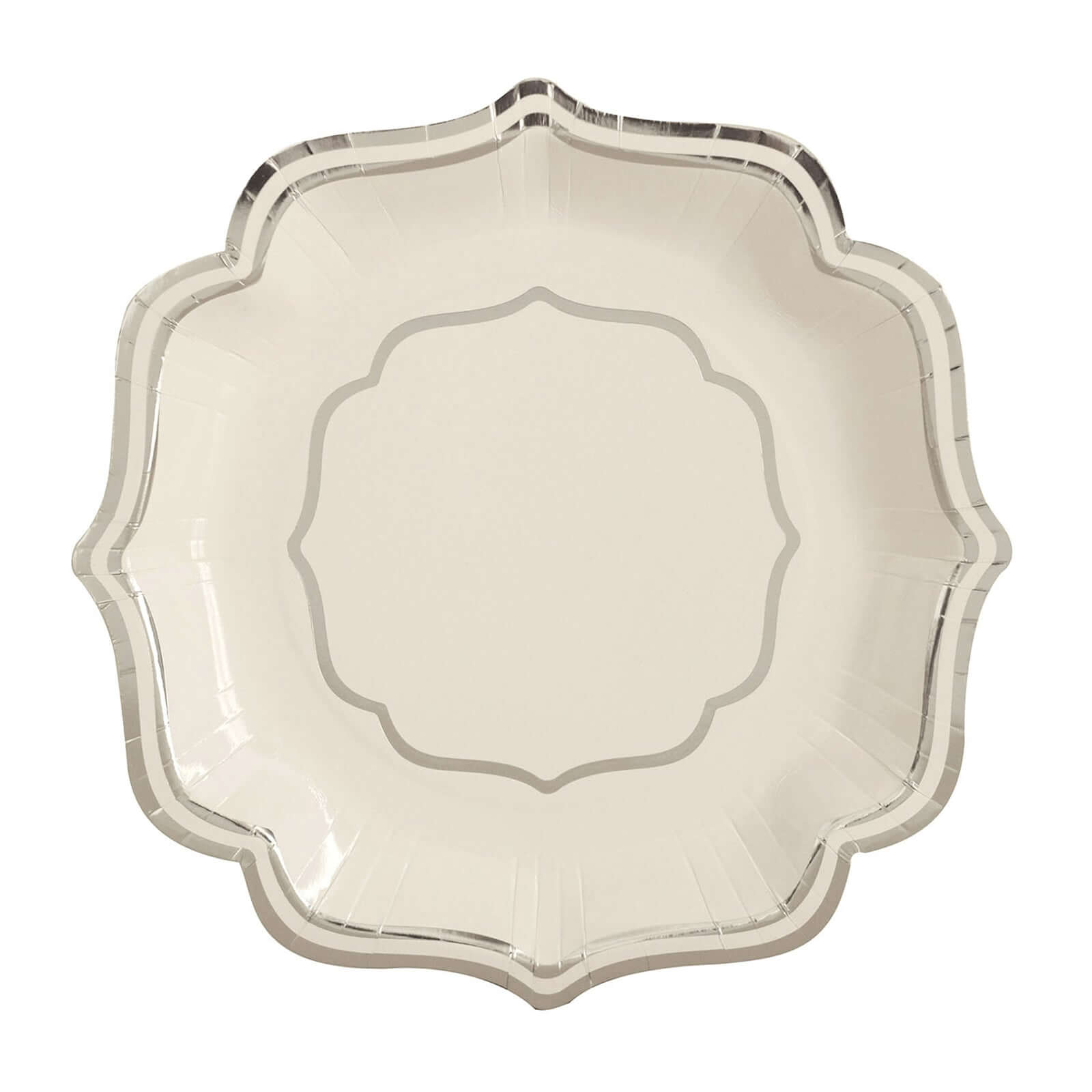 25-Pack Paper Dinner Plates in White with Silver Scallop Rim - Disposable 300GSM Party Plates 10"
