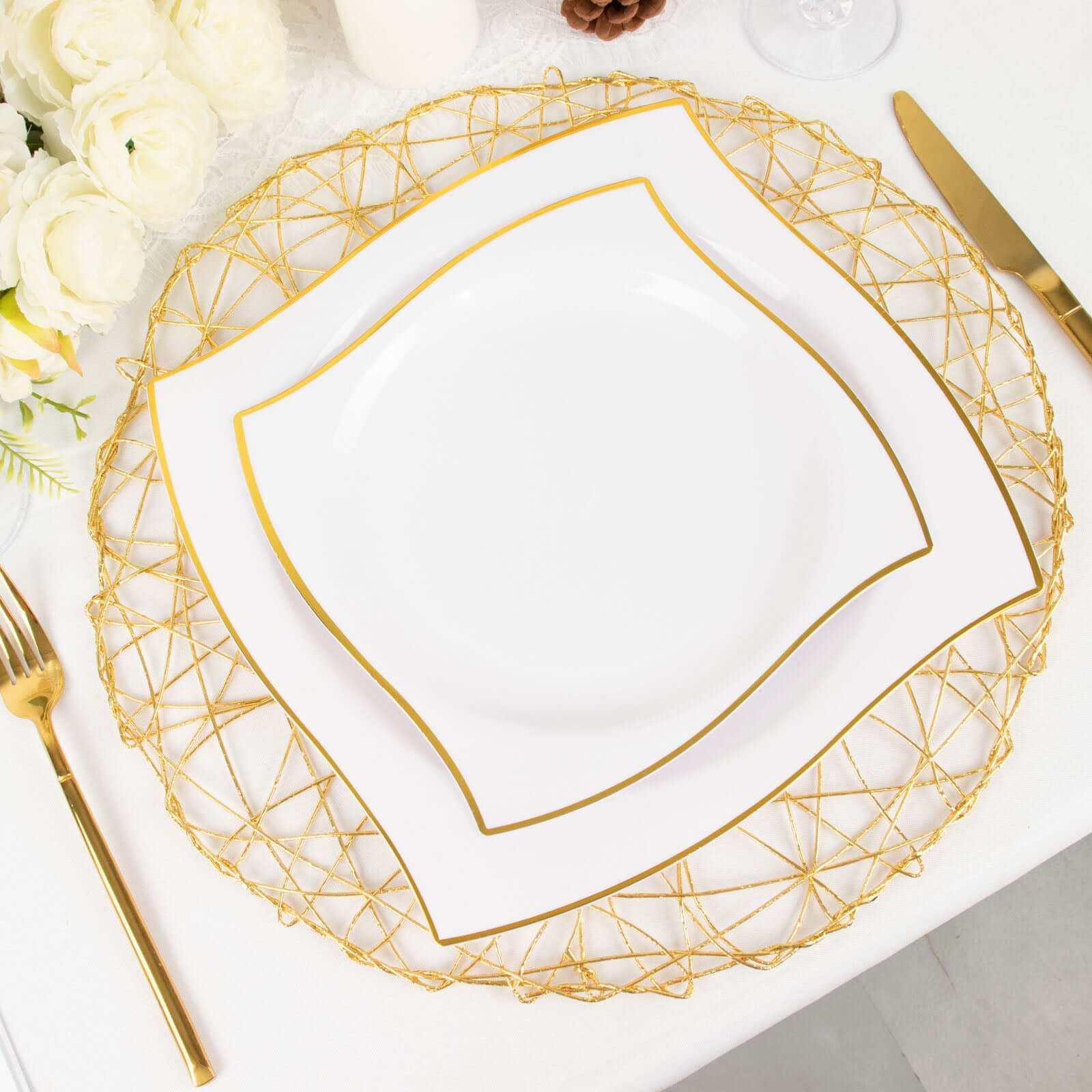 10-Pack Plastic 8" Square Dessert Plates in White with Gold Wavy Rim Modern - Disposable Salad Appetizer Party Plates for Luxe Events & Banquets