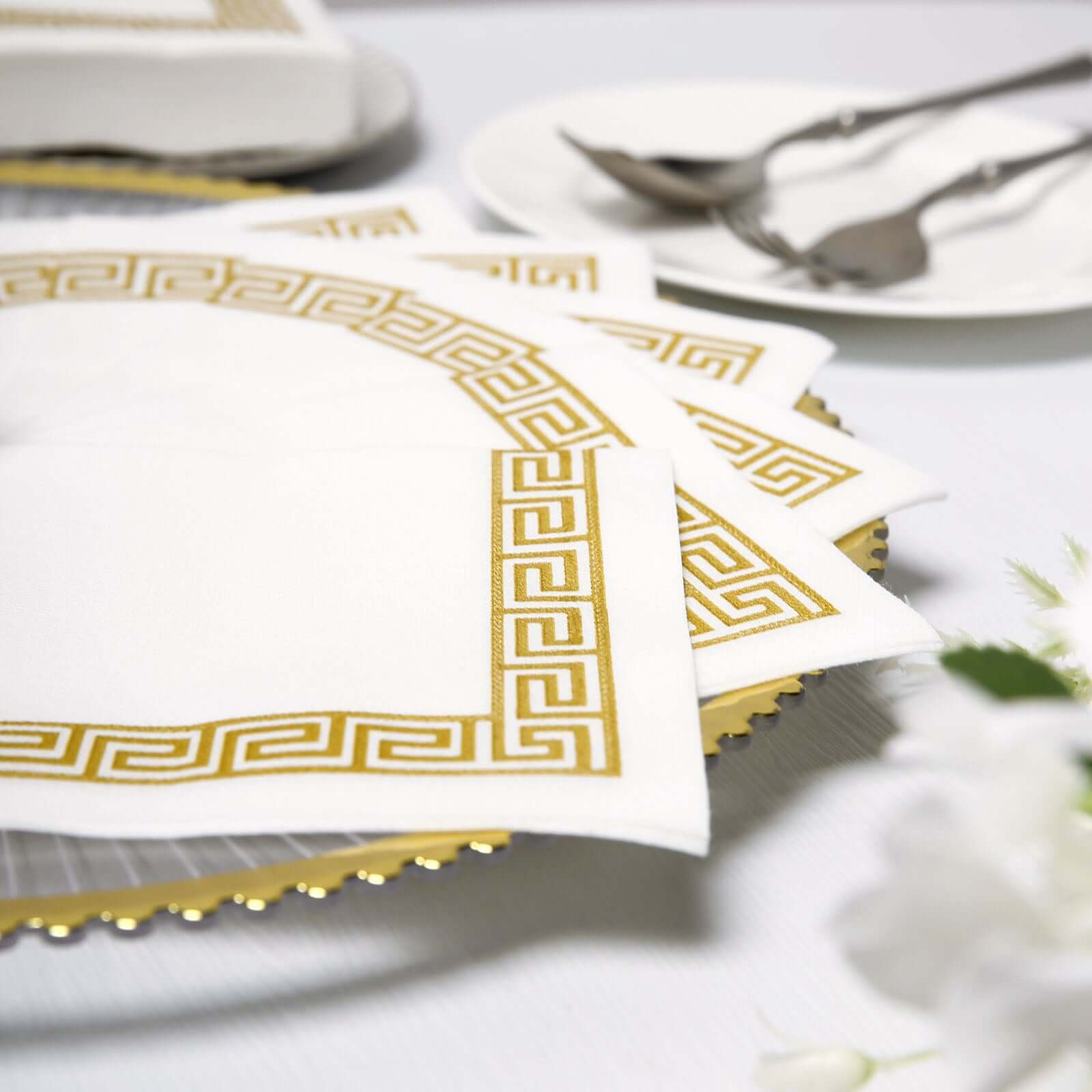 25 Pack Linen-Like Paper 5"x5" Napkins White with Gold Greek Key Design - Hygienic Disposable Airlaid Party Napkins