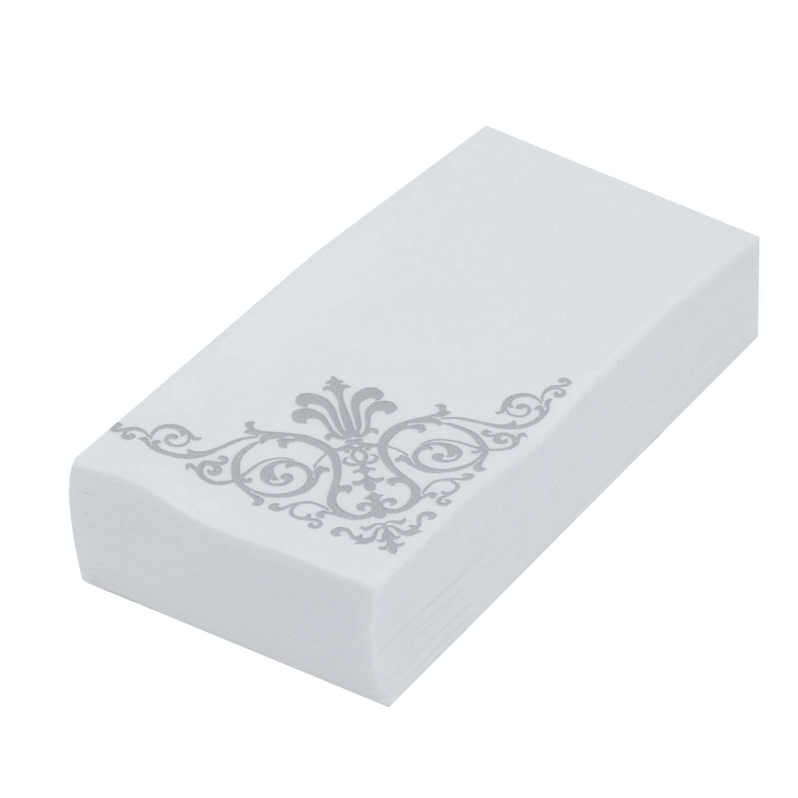 25 Pack Linen-Like Paper 8"x4" Napkins White with Metallic Silver Foil Fleur Vintage Design - Classy Disposable Airlaid Hand Towels for Weddings & Events