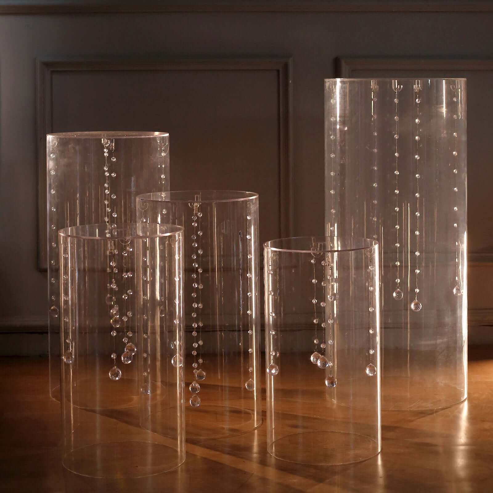 Set of 5 Clear Acrylic Cylinder Pedestal Stands, Wedding Pillar Plinth Column Cake Dessert Table Display With Hanging Hooks