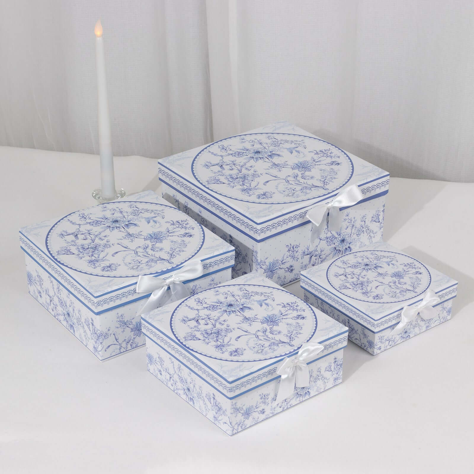 Set of 4 Cardstock Round Nesting Gift Boxes White Blue French Toile Design - Decorative Heavy Duty Stackable Keepsake Boxes With Lids for Presents Storage & Pedestal Stand 5",7",8",9"