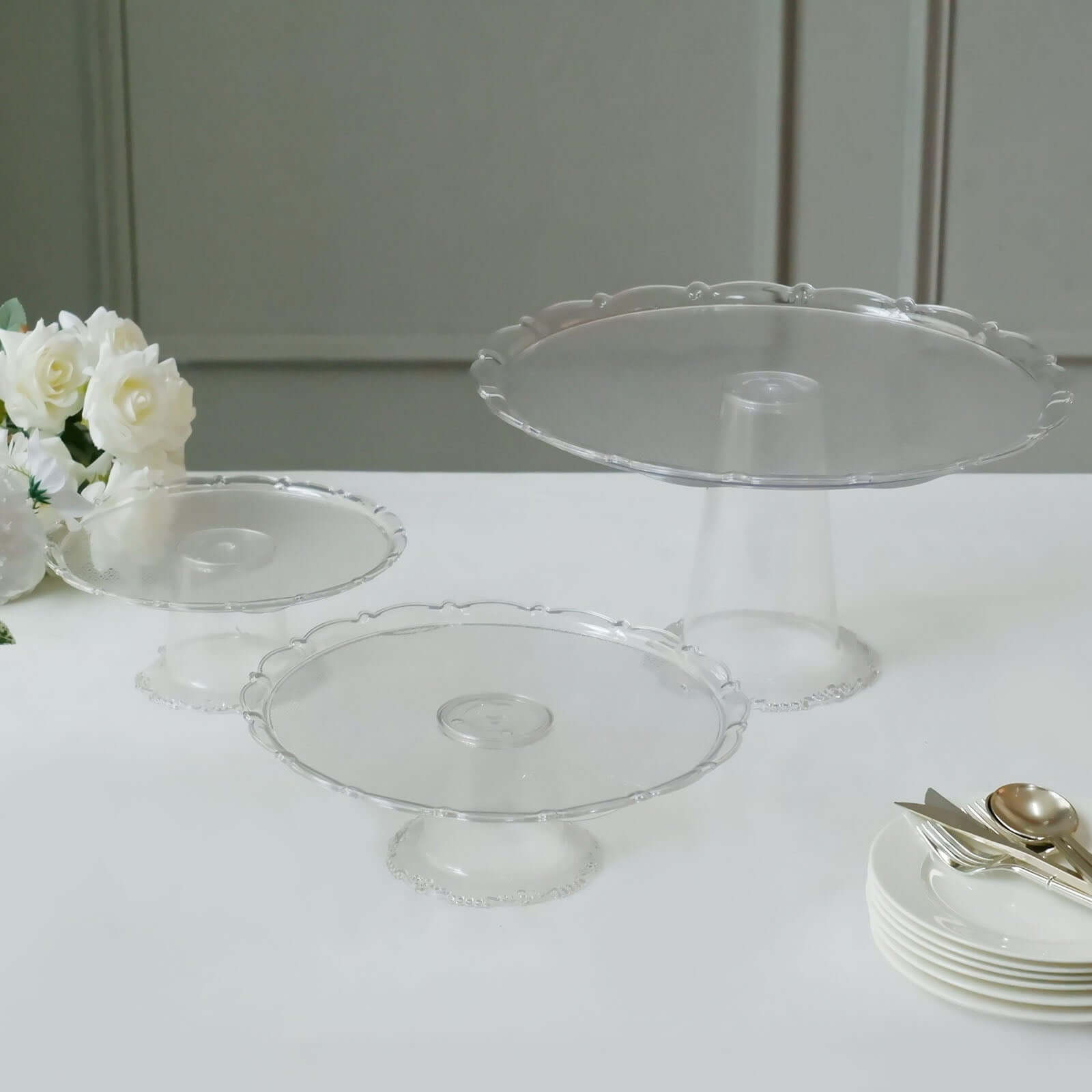 Set of 3 Plastic Round Pedestal Cake Stands Clear - Stackable Cupcake Display Holders with Scalloped Edges for Tea Parties Dessert Buffets & Banquets 9", 11", 15"