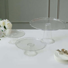 Set of 3 Plastic Round Pedestal Cake Stands Clear - Stackable Cupcake Display Holders with Scalloped Edges for Tea Parties Dessert Buffets & Banquets 9", 11", 15"