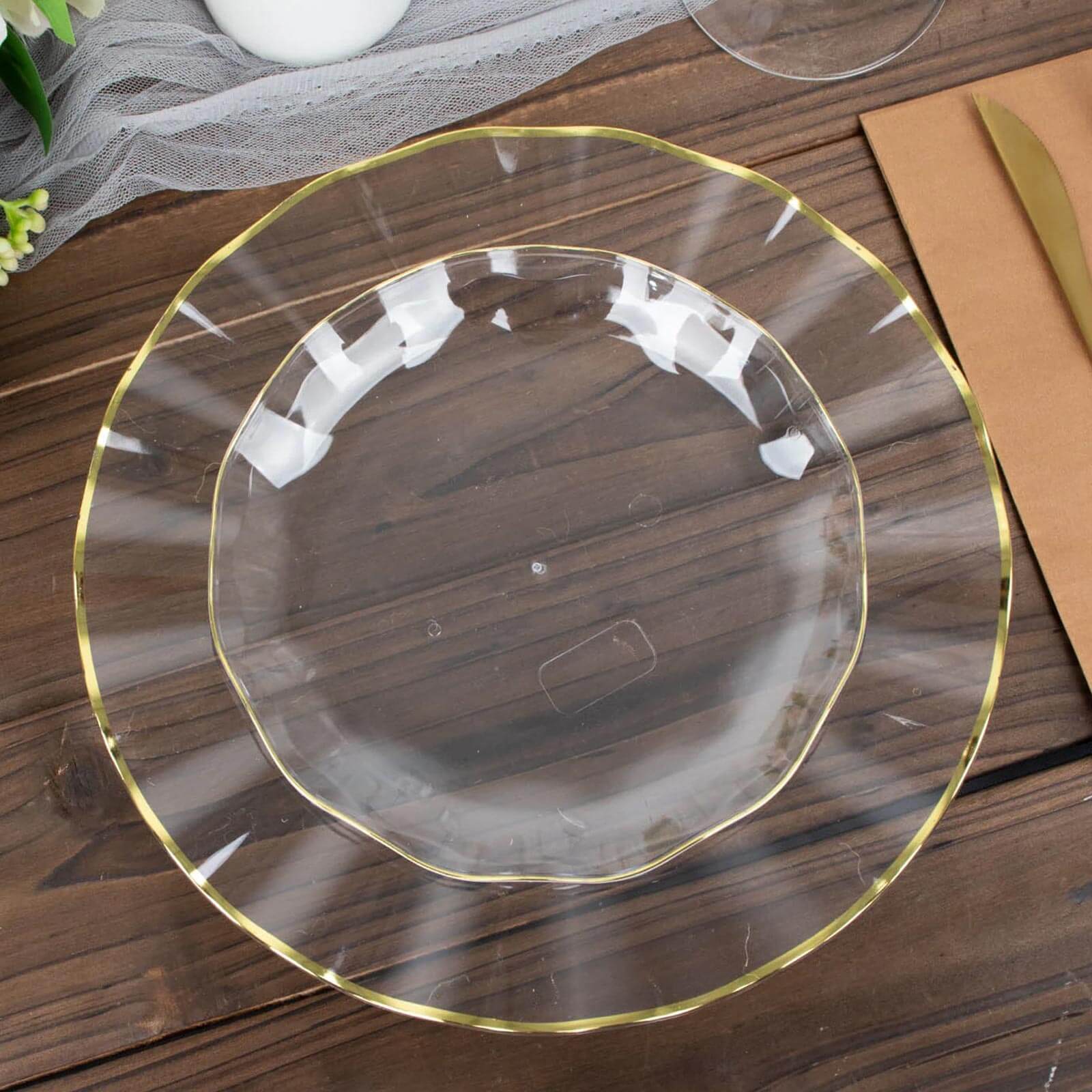 10-Pack Plastic Round 6" Dessert Plates in Clear Ruffled Rim with Gold Edging - Sturdy Disposable Salad Appetizer Dinnerware