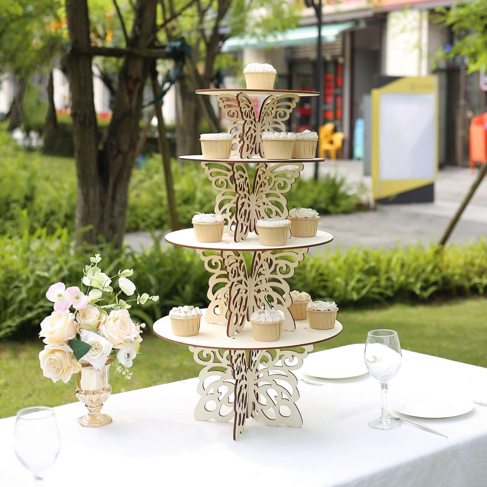 Set of 4 Wooden Cake Stands Butterfly Round Design Natural - Stackable Rustic Cupcake Holder Centerpiece 10", 12", 14", 16"
