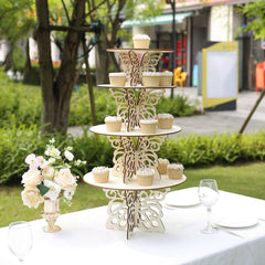 Set of 4 Wooden Cake Stands Butterfly Round Design Natural - Stackable Rustic Cupcake Holder Centerpiece 10", 12", 14", 16"