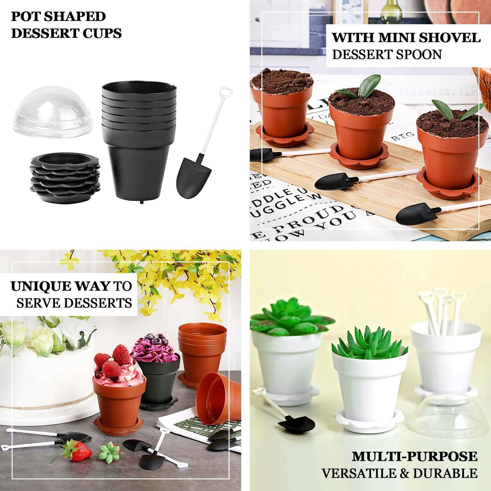 12-Pack Dessert Cups Succulent Planter Design Terracotta (Rust) - Plastic Serving Cups with Lids and Shovels 4"