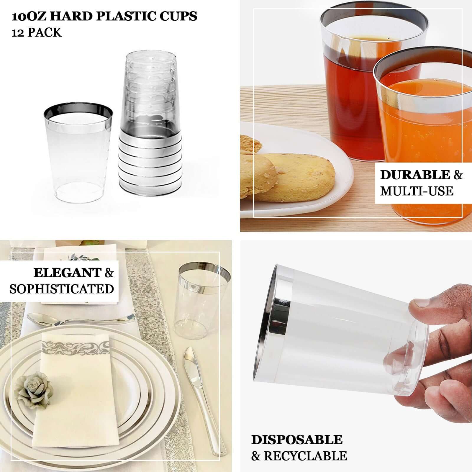 25-Pack Plastic Tumbler Cups Clear with Silver Rim - Stylish Disposable Party Glasses 10oz