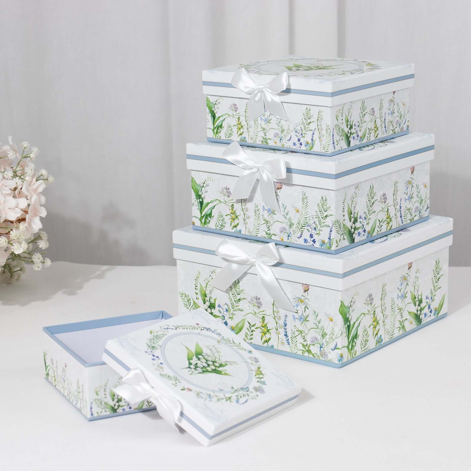 Set of 4 Cardstock Round Nesting Gift Boxes White Green Floral Design - Decorative Heavy Duty Stackable Keepsake Boxes With Lids for Presents Storage & Pedestal Stand 5",7",8",9"