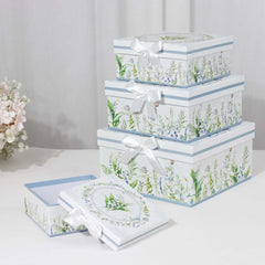 Set of 4 Cardstock Round Nesting Gift Boxes White Green Floral Design - Decorative Heavy Duty Stackable Keepsake Boxes With Lids for Presents Storage & Pedestal Stand 5",7",8",9"