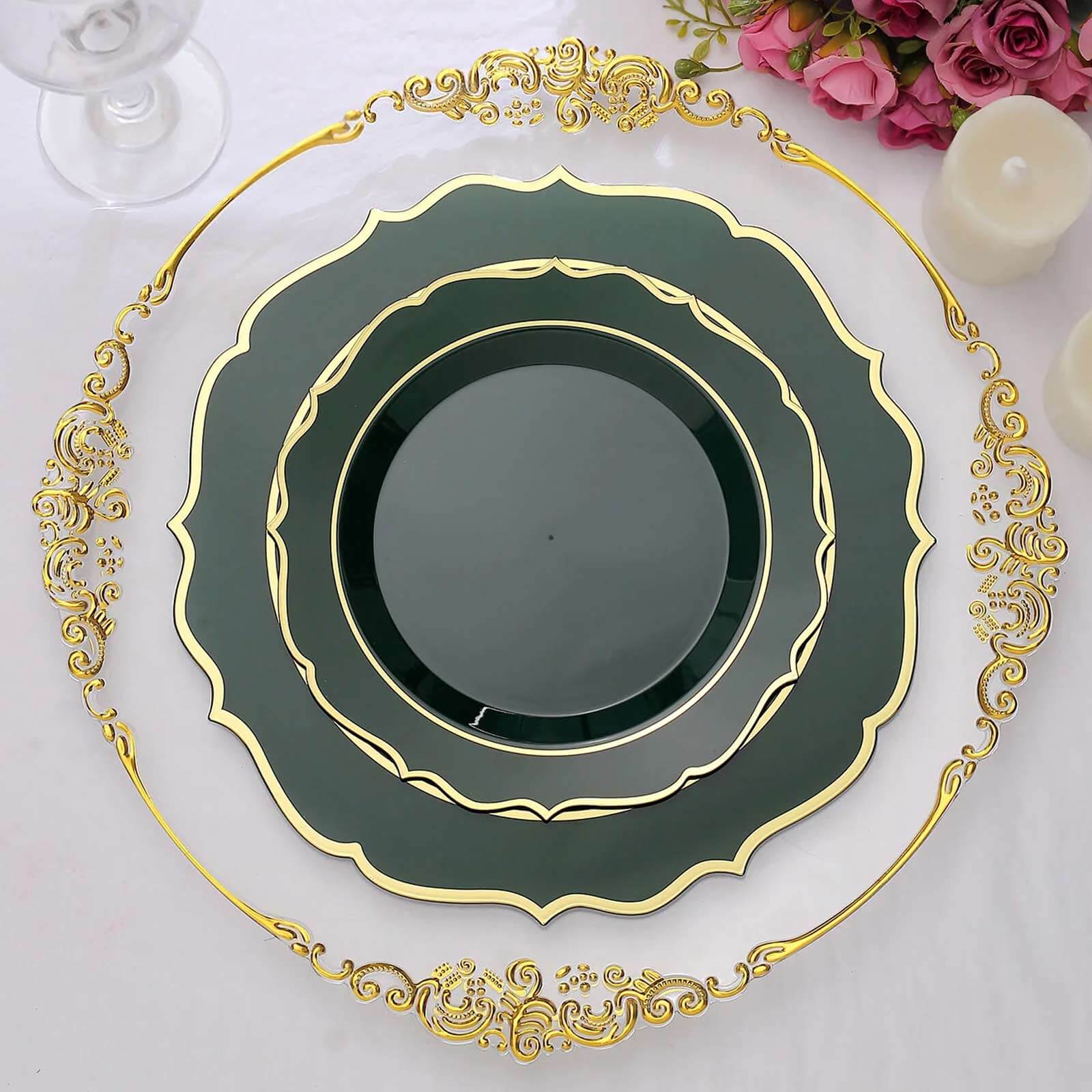 10-Pack Plastic 8" Round Desert Plates in Hunter Emerald Green with Gold Scalloped Rim - Disposable Appetizer/Salad Plates