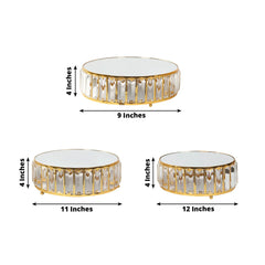 Set of 3 Gold Metal Crystal Pendant Cake Stands with Mirror Top, Stackable Round Dessert Display Trays - 9",11",12"