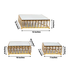 Set of 3 Gold Metal Crystal Pendant Cake Stands with Mirror Top, Stackable Square Dessert Display Trays - 7",10",12"