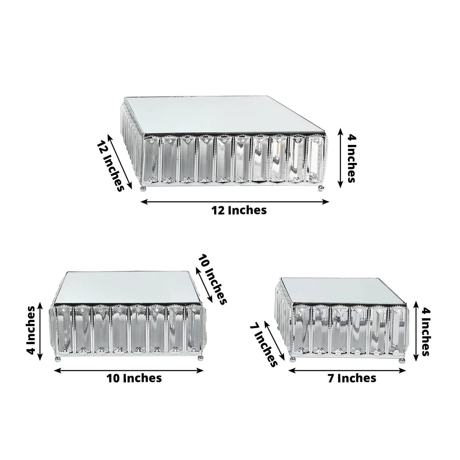 Set of 3 Silver Metal Crystal Pendant Cake Stands with Mirror Top, Stackable Square Dessert Display Trays - 7",10",12"