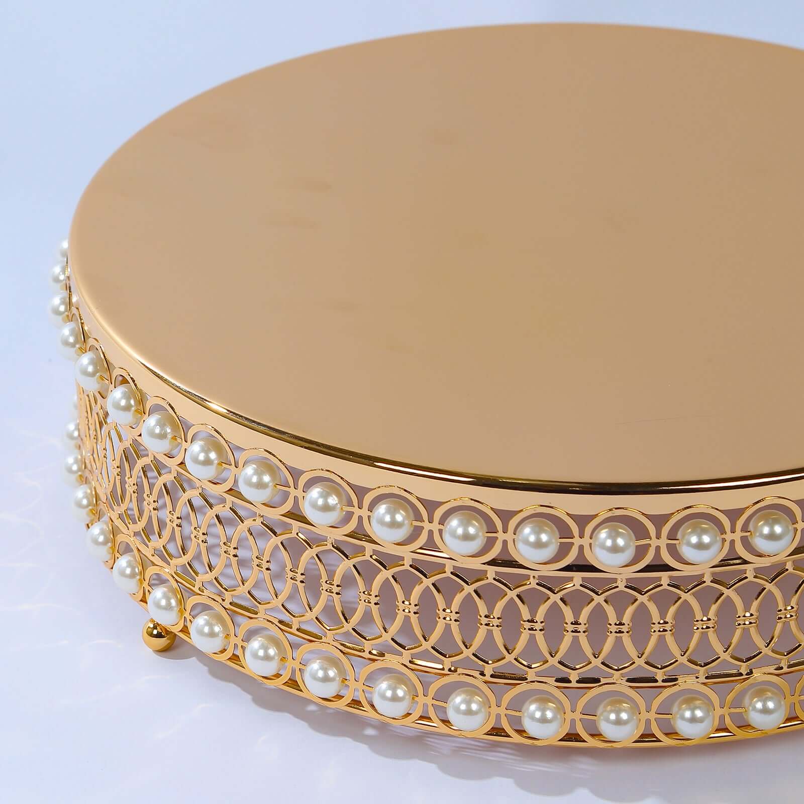Set of 3 Cake Stands Round Design with Mirror Top Gold - Pearl Beaded Stackable Cupcake Holders Metal 12", 14", 16"