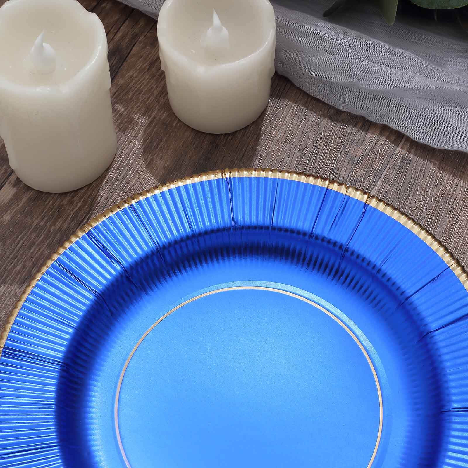 25-Pack Paper 8" Round Dessert Plates in Royal Blue Sunray Design with Gold Rim - Disposable Heavy Duty 350GSM Appetizer Salad Plates