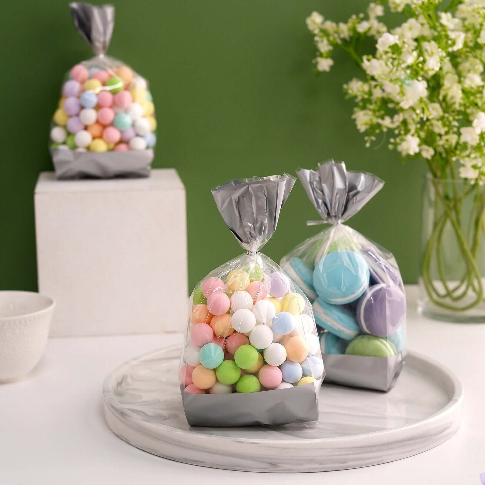 100 Pcs 4"x9" Clear Silver Gift Goodie Candy Treat Bags and Twist Ties