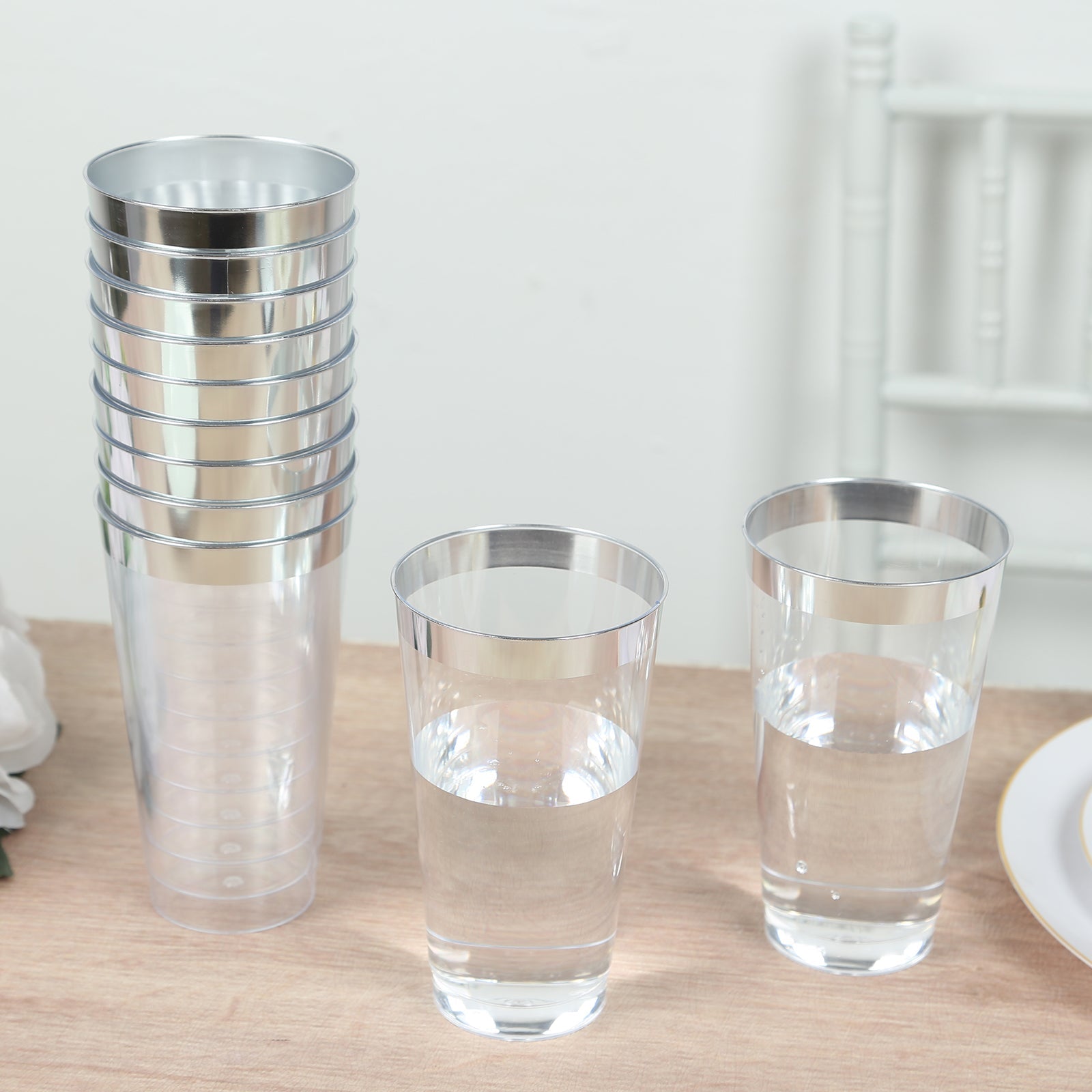 12-Pack Plastic Party Cups Clear with Silver Rim - Durable Disposable Tumblers for Drinks 17oz 5.5"