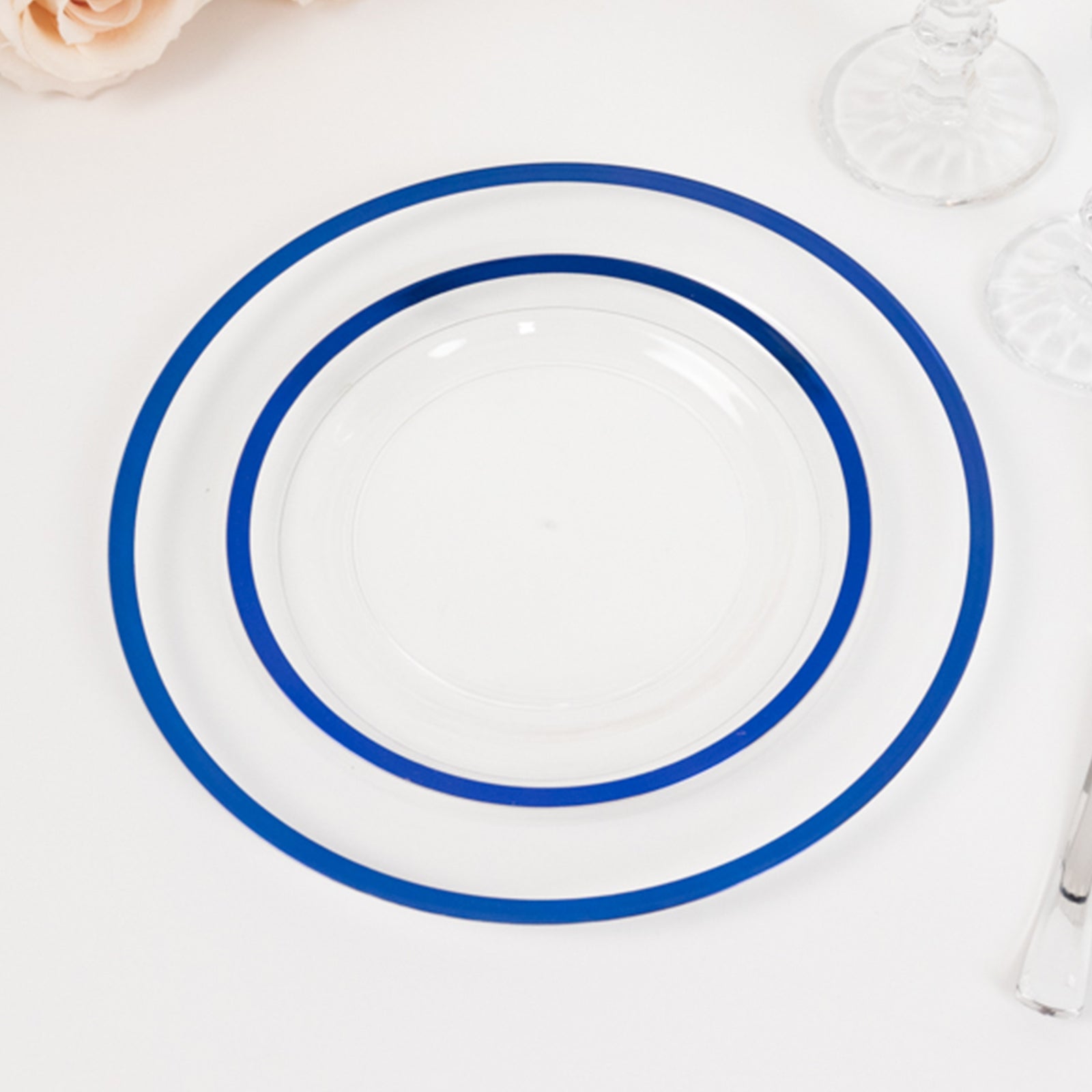 10-Pack Plastic 7" Round Appetizer Plates in Clear with Blue Rim - Sleek Disposable Salad Plates for Banquets & Special Occasions