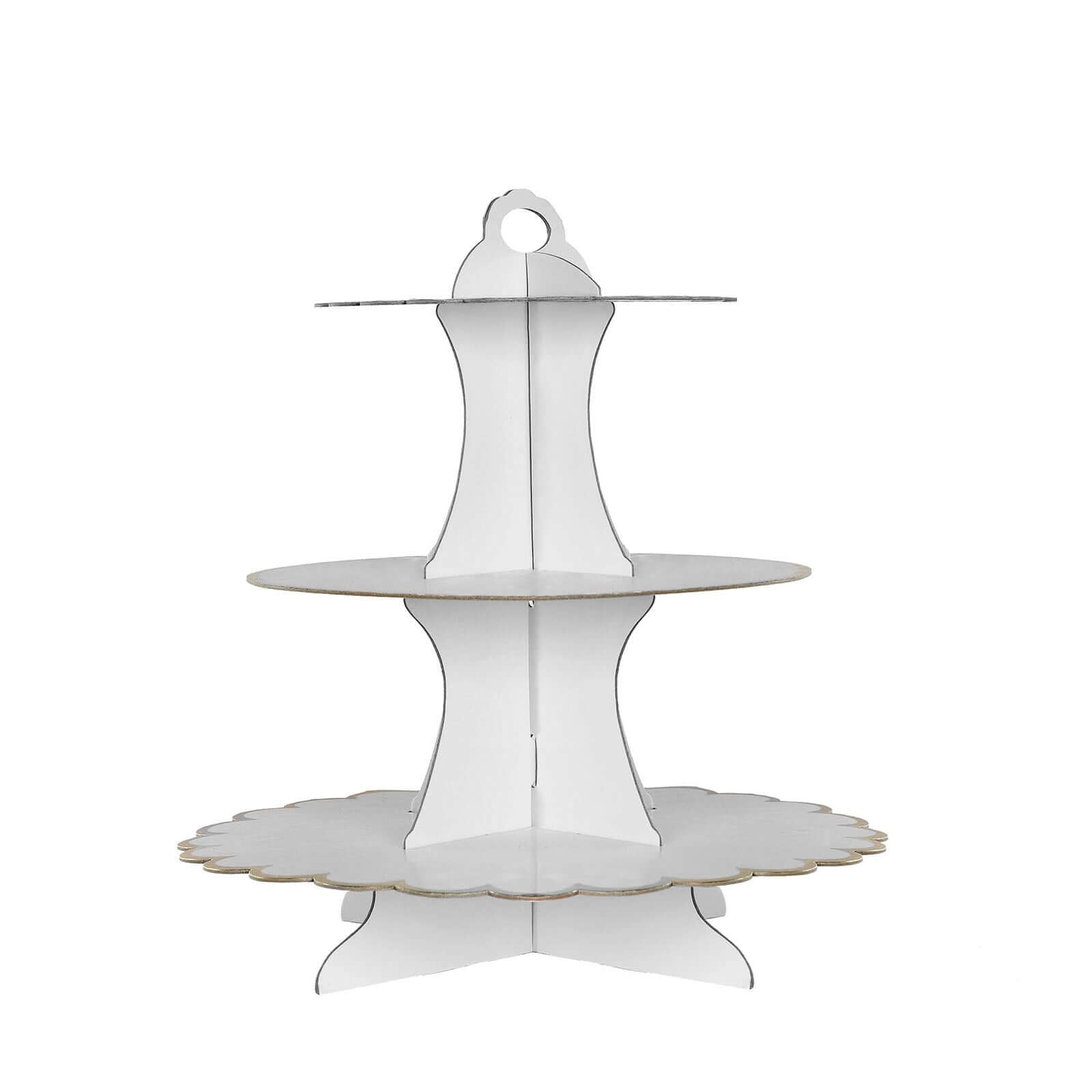 3-Tier Cardboard Cupcake Stand White - Sturdy & Collapsible Dessert Treat Tower with Gold Scalloped Rim for Baby Shower Wedding & Party Decor 13"