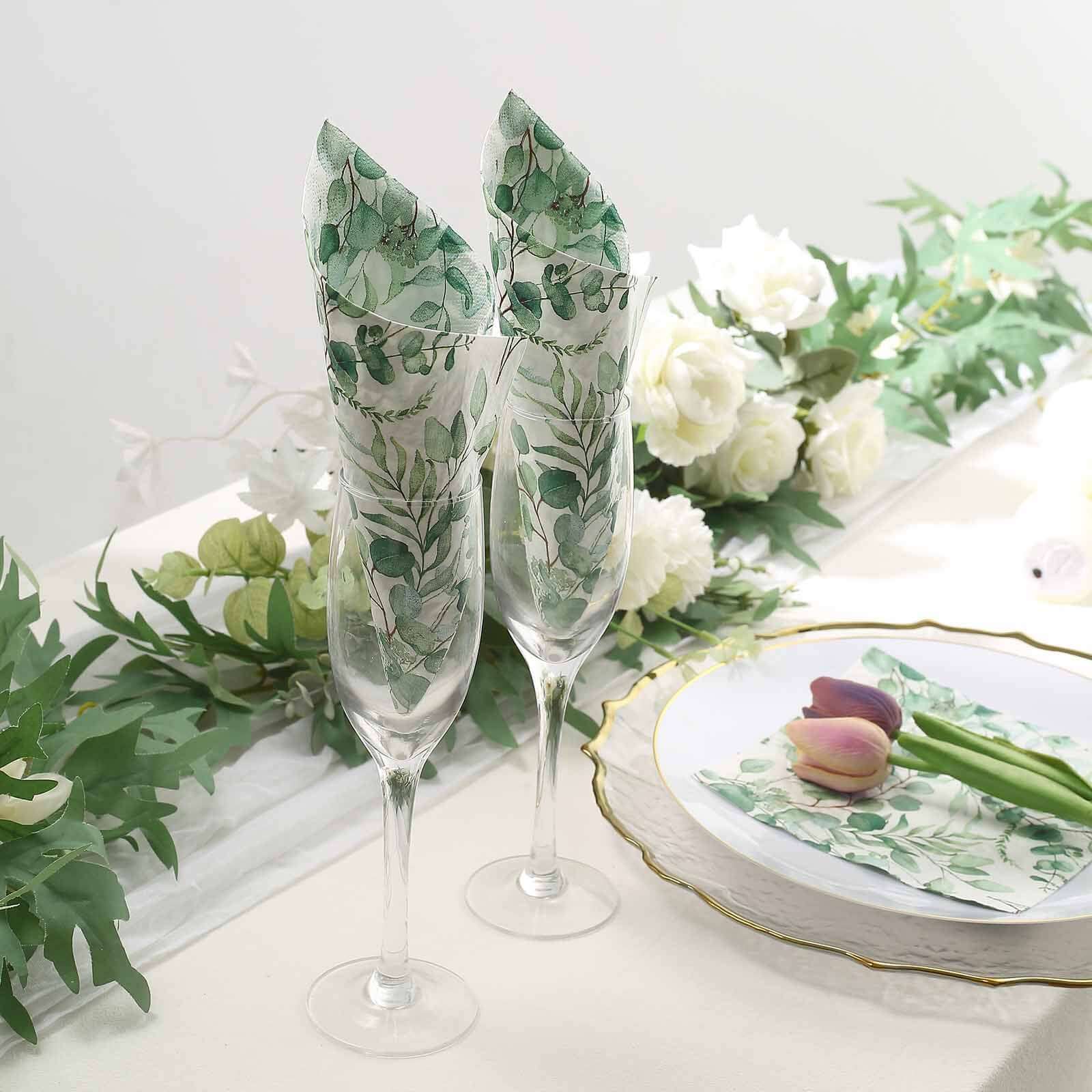 50-Pack Paper Beverage Napkins with Green Foliage Eucalyptus Leaves Design - 2 Ply Soft 18GSM Boho Wedding Napkins 6.5"x6.5"