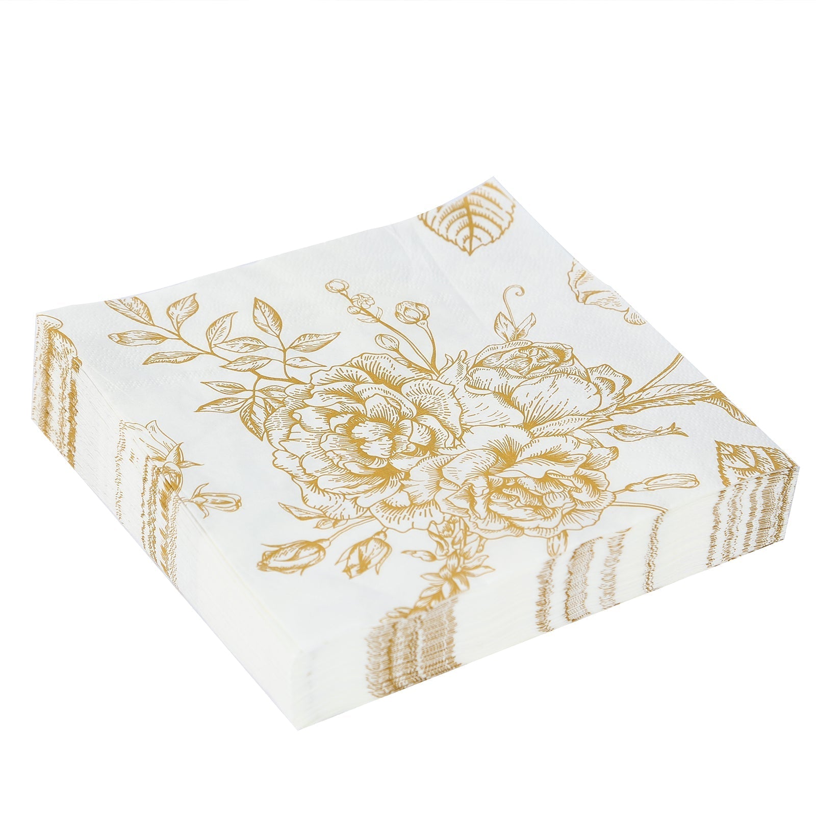 50-Pack Paper Cocktail Napkins with French Toile Floral Pattern White/Gold - Soft 2 Ply Beverage Napkins for Events
