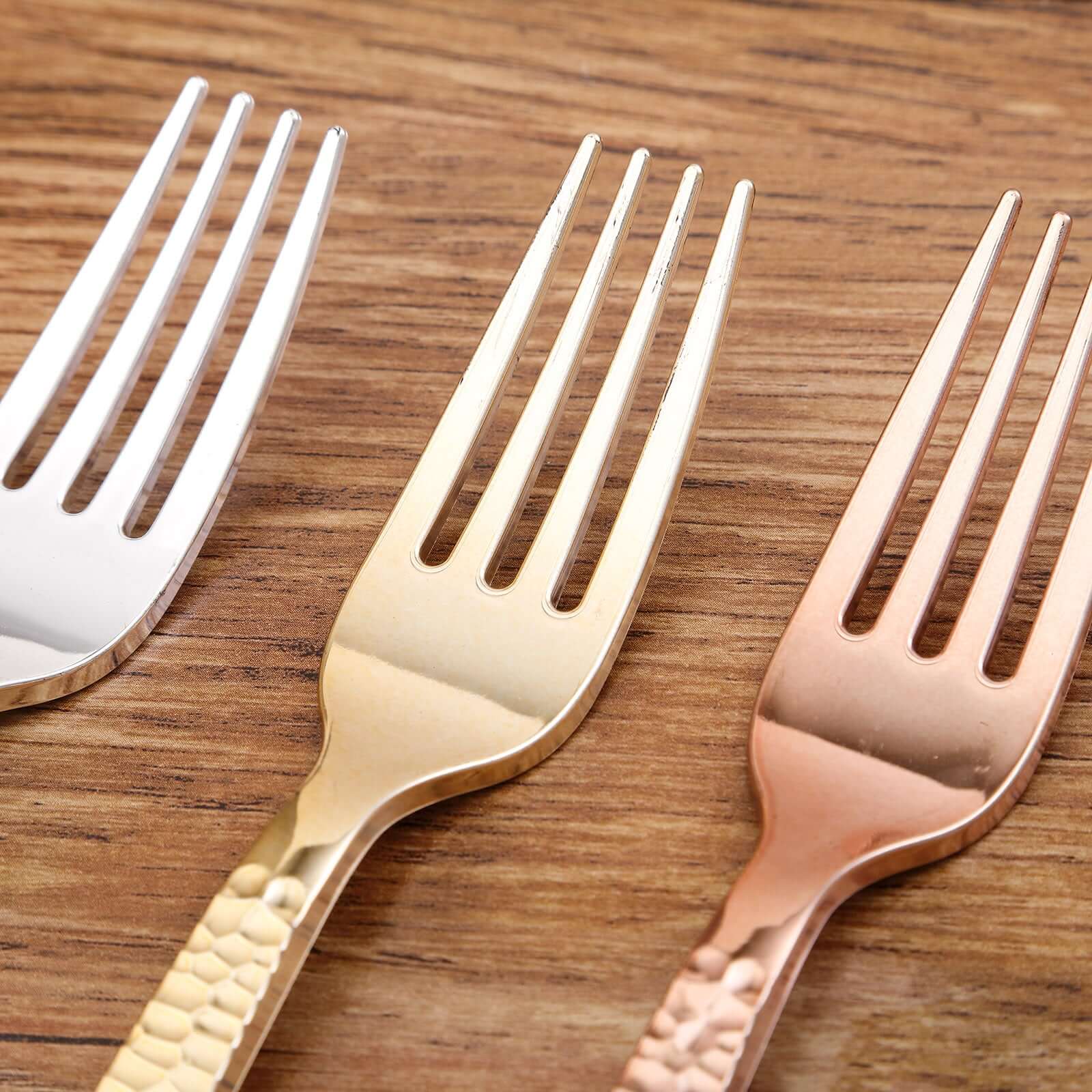 24-Pack Plastic Forks with Hammered Style Gold - Heavy Duty Disposable Silverware 7"