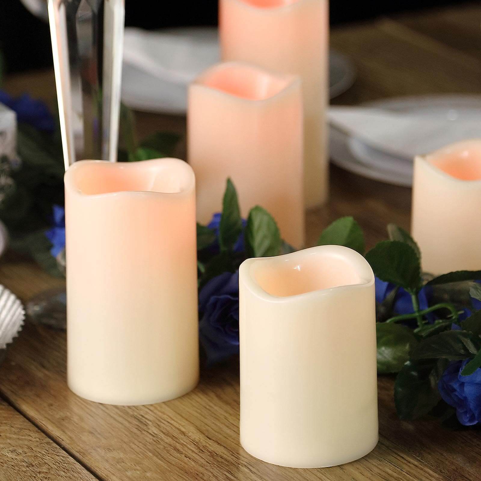 Set of 5 LED Flickering Pillar Candles Color Changing Ivory with Remote - Battery Operated 4", 5", 6"