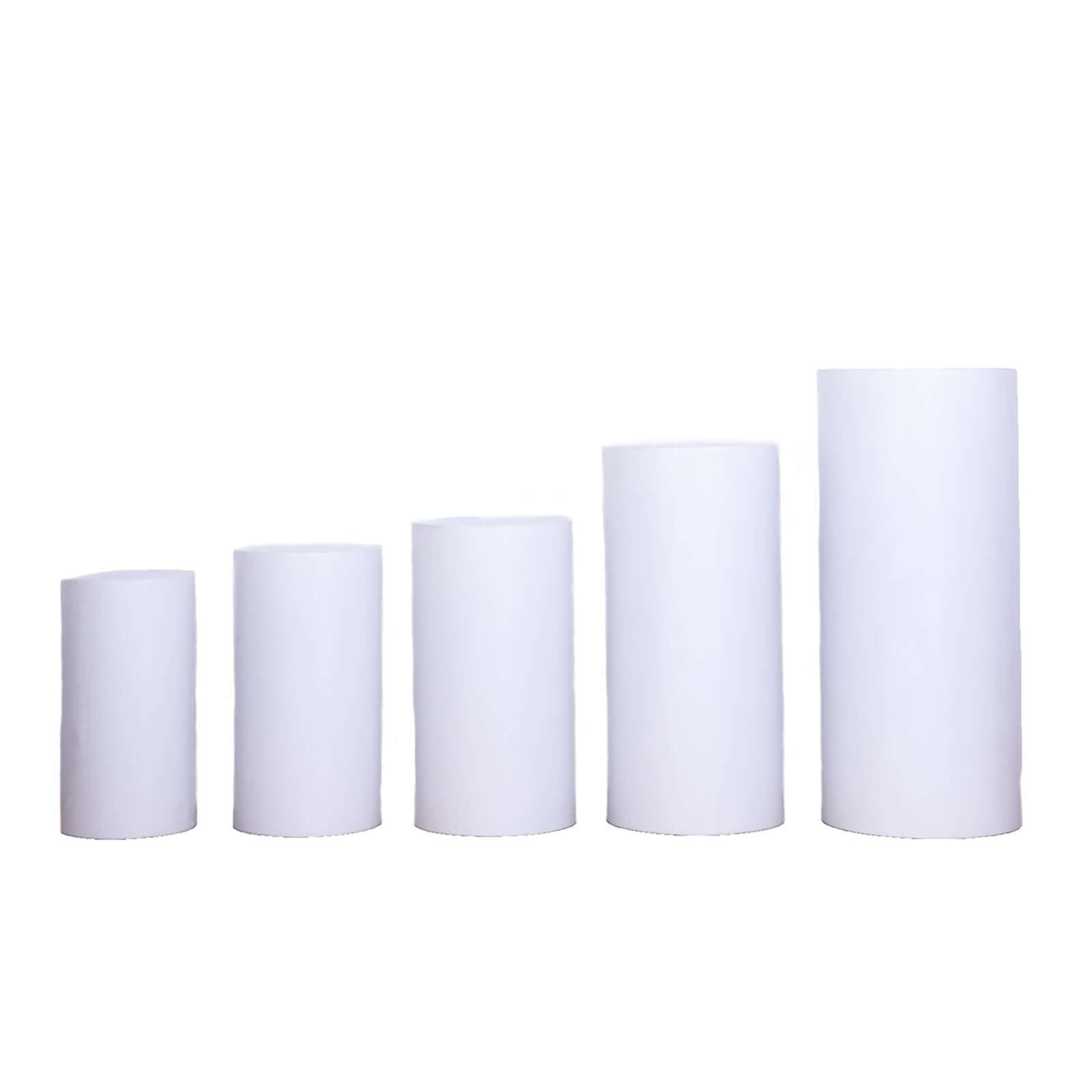 Set of 5 White Metal Cylinder Pillar Prop Stands For Wedding Aisle, Round Plinth Pedestal Display Boxes - 20",22",24",26",30"