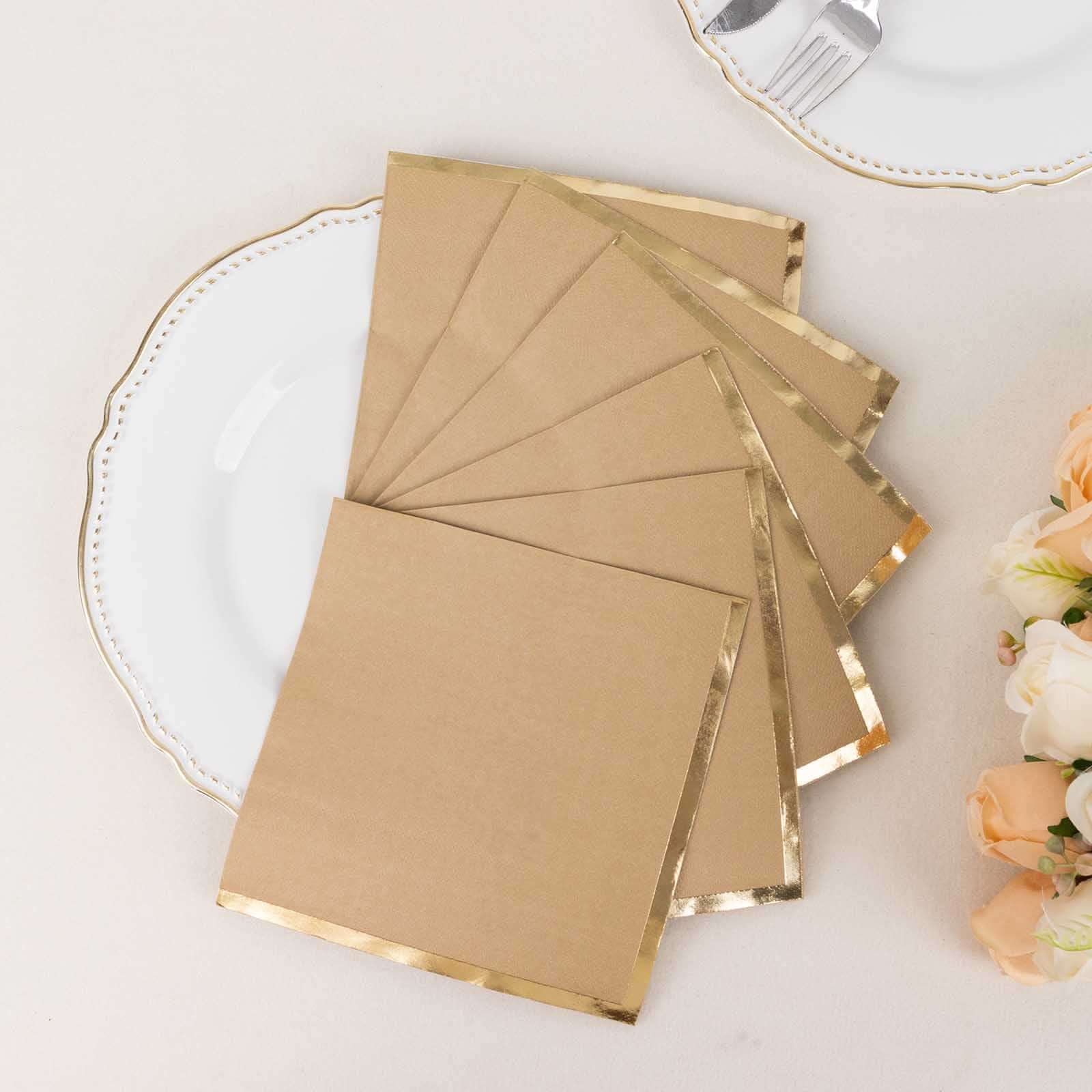 50-Pack Paper Beverage Napkins with Gold Foil Edge Natural - Disposable 2 Ply Cocktail Napkins for Events 6.5"x6.5"