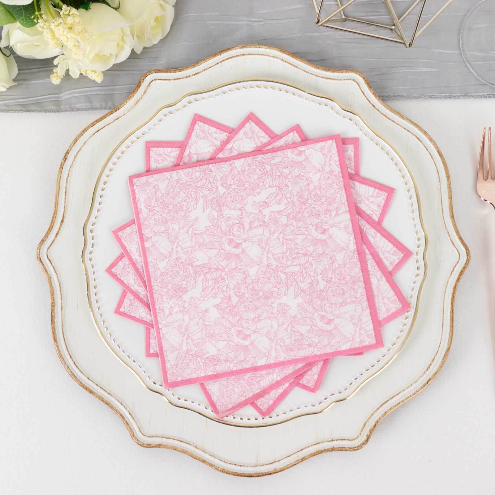 25-Pack Paper Cocktail Napkins with French Toile Print White/Pink - Highly Absorbent 2 Ply Disposable Napkins 5"x5"