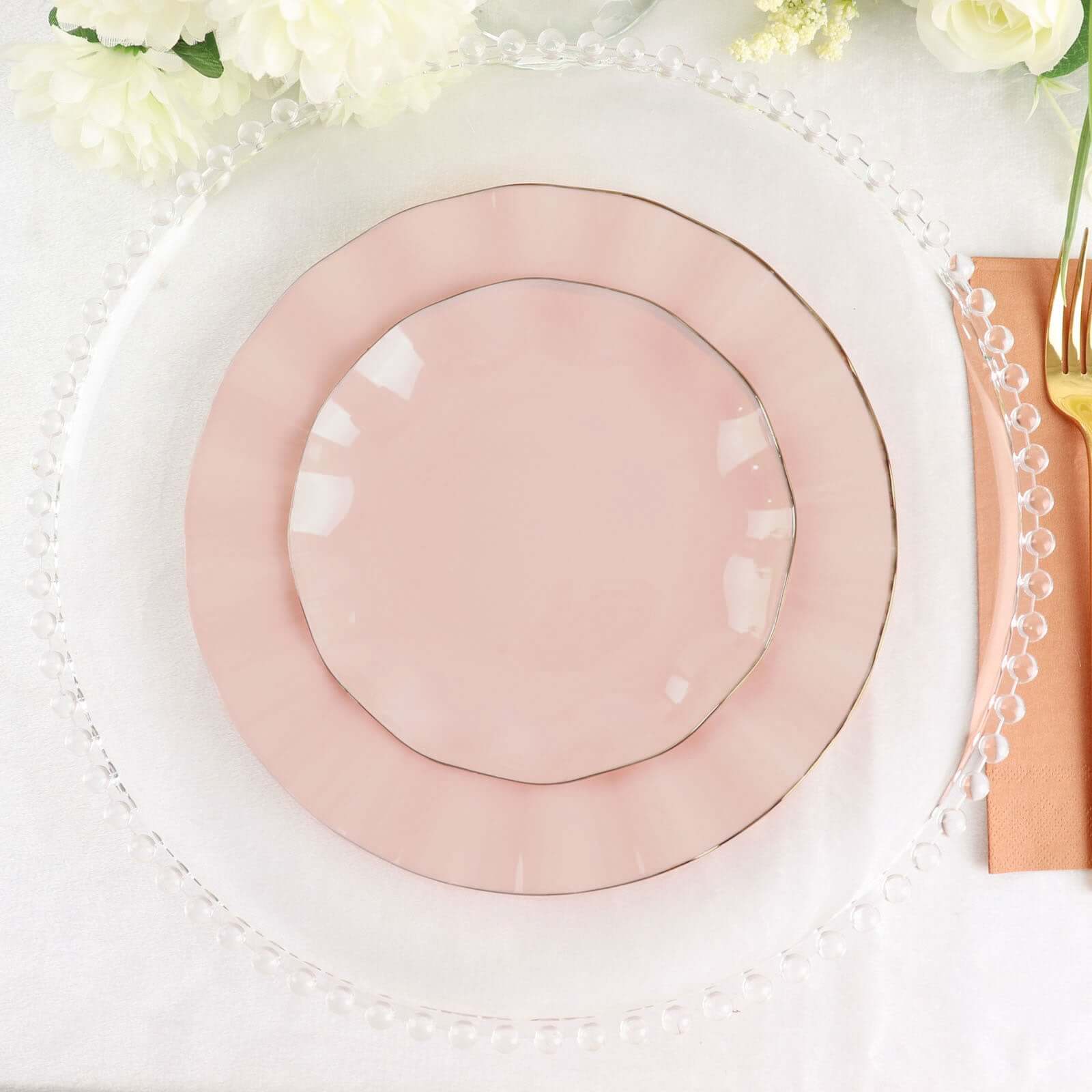 10-Pack Plastic Round 6" Dessert Plates in Blush Ruffled Rim with Gold Edging - Sturdy Disposable Salad Appetizer Dinnerware