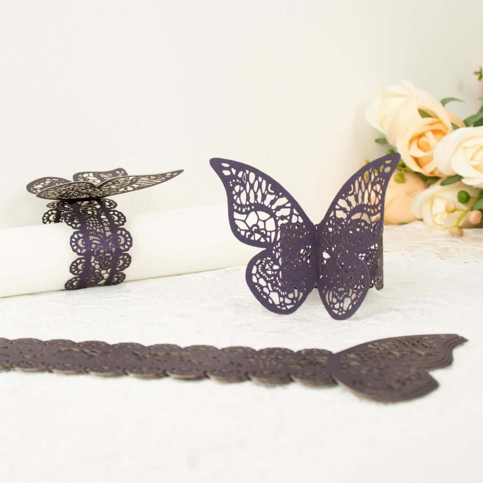 12-Pack Paper Napkin Rings Laser Cut Butterfly Purple Shimmery - Decorative Serviette Holders