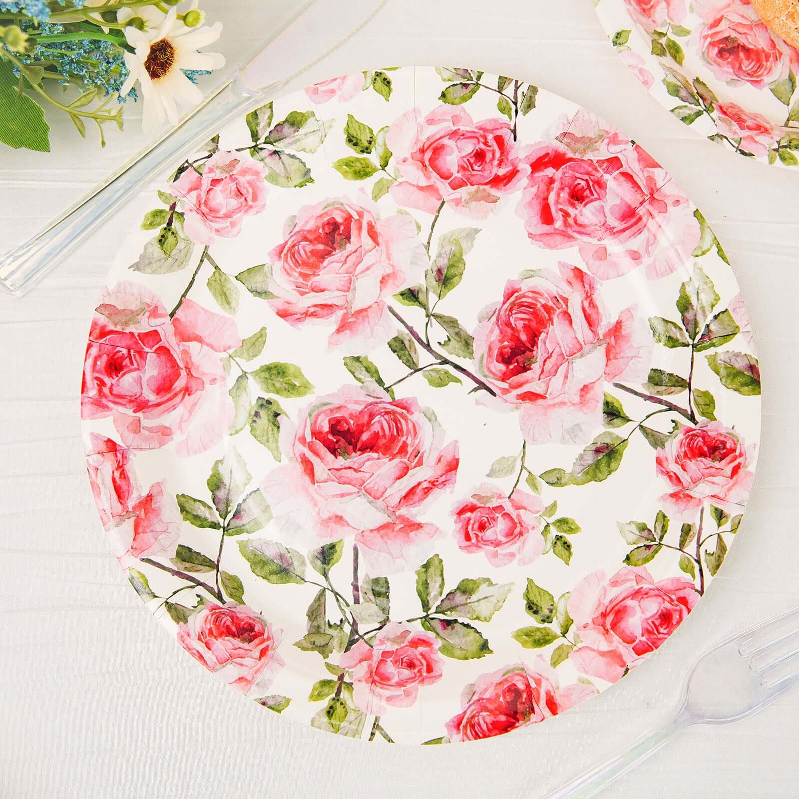 25 Pack Rose 9" Flower Bouquet Design Premium Dinner Paper Plates - 300 GSM