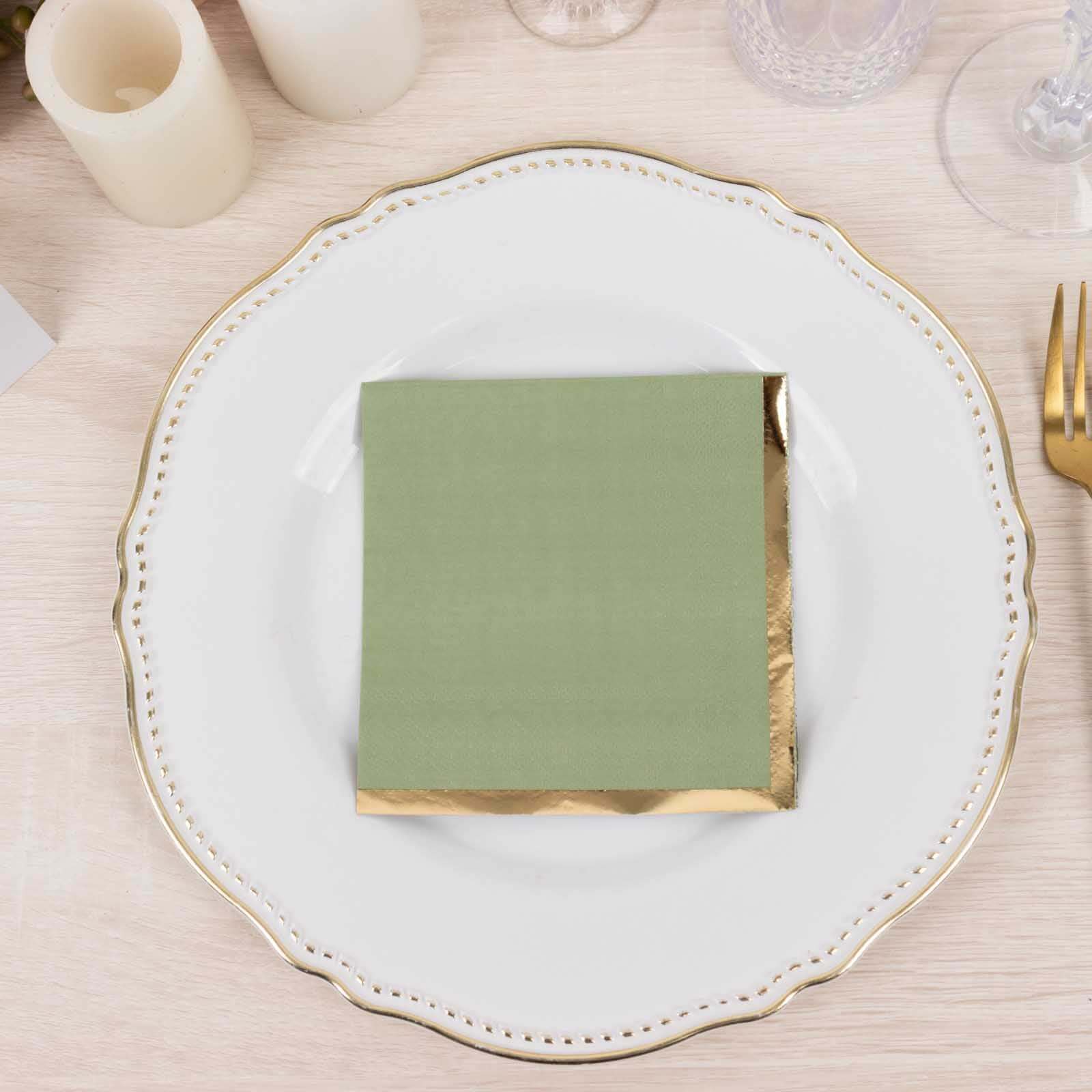 50-Pack Paper Beverage Napkins Sage Green with Gold Foil Edge - 2 Ply Disposable Soft 18GSM Cocktail Napkins 5"x5"