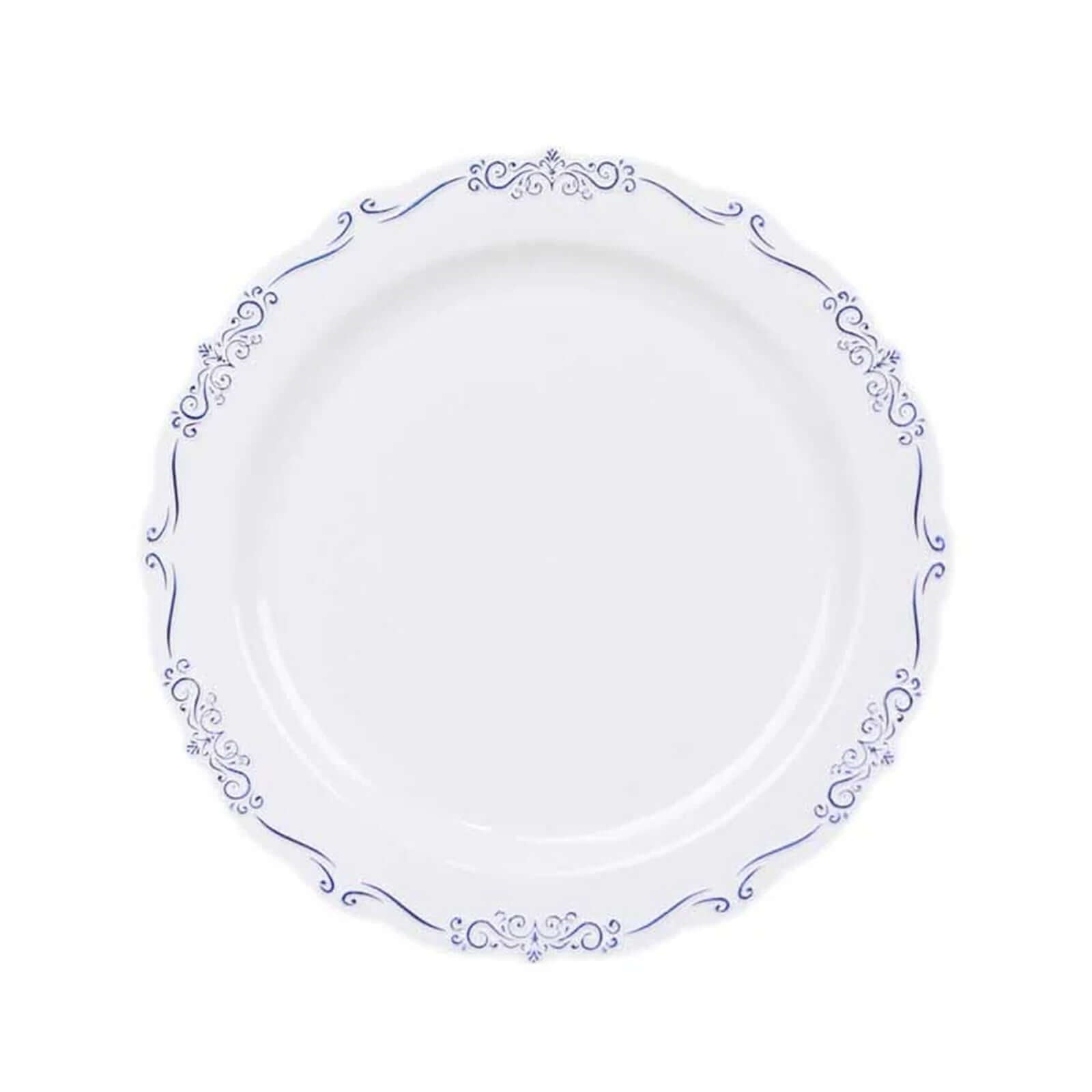 10-Pack Plastic 7" Round Dessert Plates in White with Blue Vintage Embossed Rim - Sturdy Disposable Scalloped Edge Salad Plates